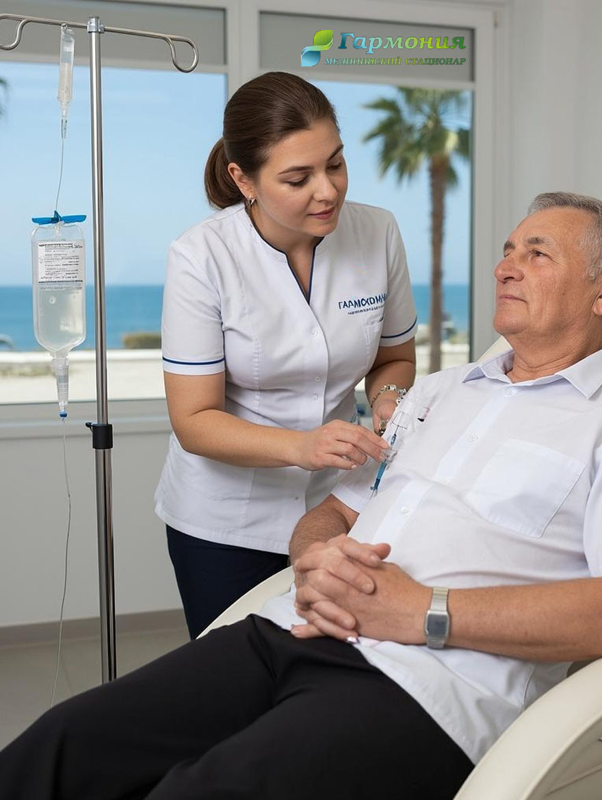 Врач и пациент с капельницей на фоне берега Гомеля