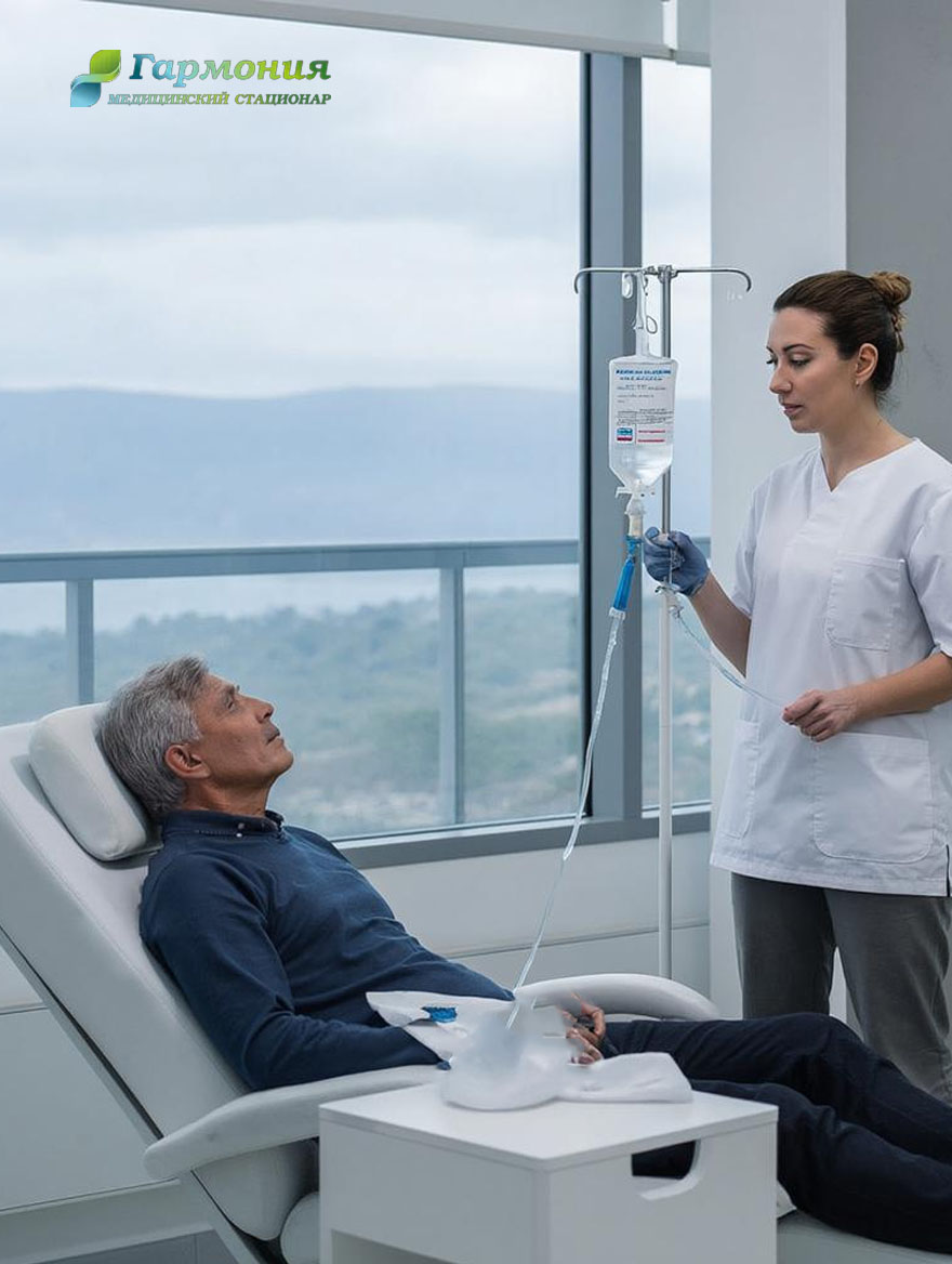 Врач и пациент с капельницей на фоне берега Гомеля